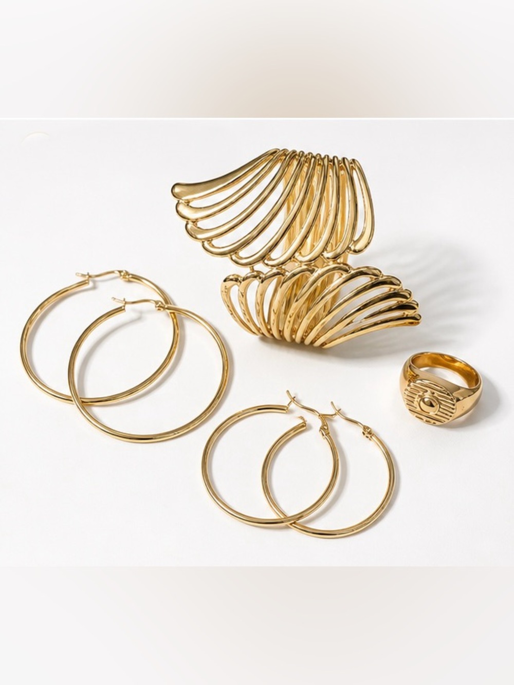 💫Gold Tone Statement Jewelry Set | Sculptural Cuff, Ring & Hoop Earrings✨